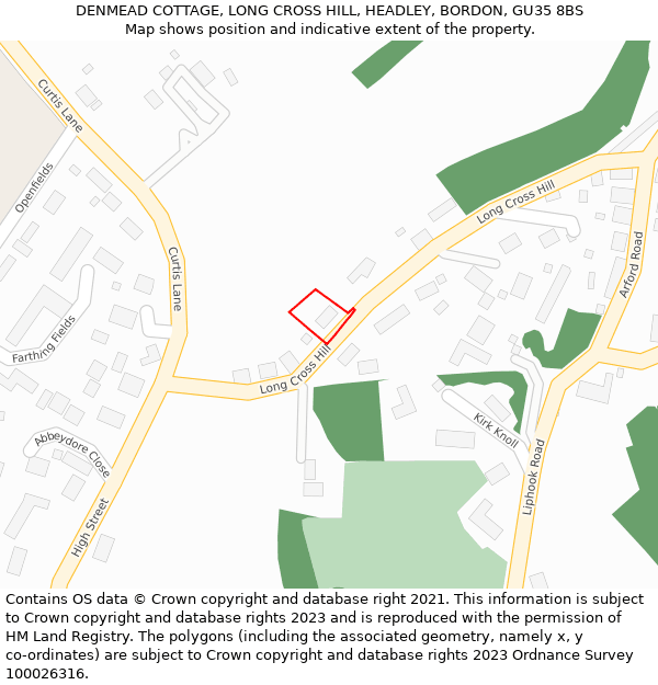 DENMEAD COTTAGE, LONG CROSS HILL, HEADLEY, BORDON, GU35 8BS: Location map and indicative extent of plot