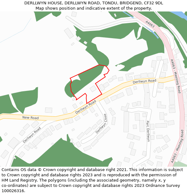 DERLLWYN HOUSE, DERLLWYN ROAD, TONDU, BRIDGEND, CF32 9DL: Location map and indicative extent of plot