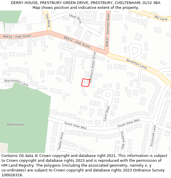 DERRY HOUSE, PRESTBURY GREEN DRIVE, PRESTBURY, CHELTENHAM, GL52 3BA: Location map and indicative extent of plot