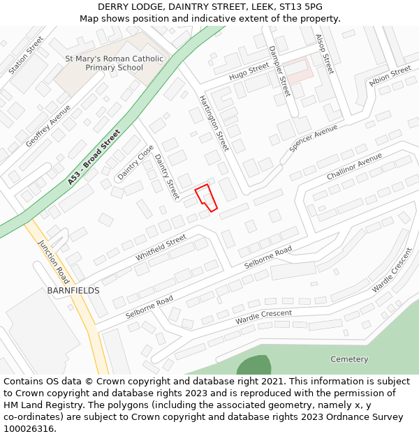 DERRY LODGE, DAINTRY STREET, LEEK, ST13 5PG: Location map and indicative extent of plot