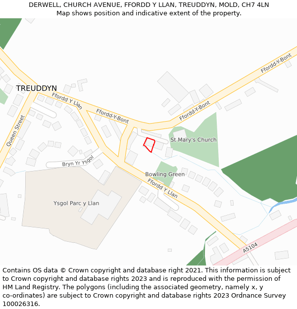 DERWELL, CHURCH AVENUE, FFORDD Y LLAN, TREUDDYN, MOLD, CH7 4LN: Location map and indicative extent of plot