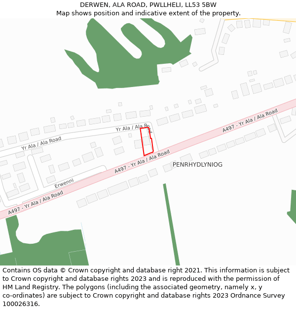 DERWEN, ALA ROAD, PWLLHELI, LL53 5BW: Location map and indicative extent of plot