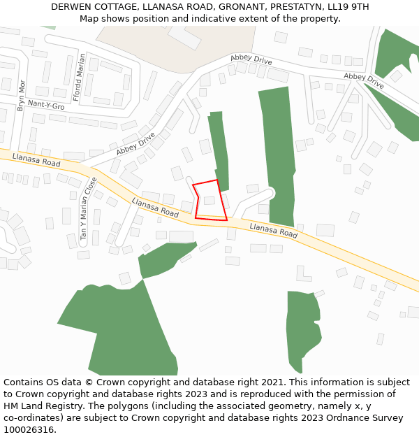 DERWEN COTTAGE, LLANASA ROAD, GRONANT, PRESTATYN, LL19 9TH: Location map and indicative extent of plot