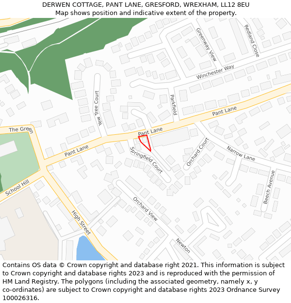 DERWEN COTTAGE, PANT LANE, GRESFORD, WREXHAM, LL12 8EU: Location map and indicative extent of plot