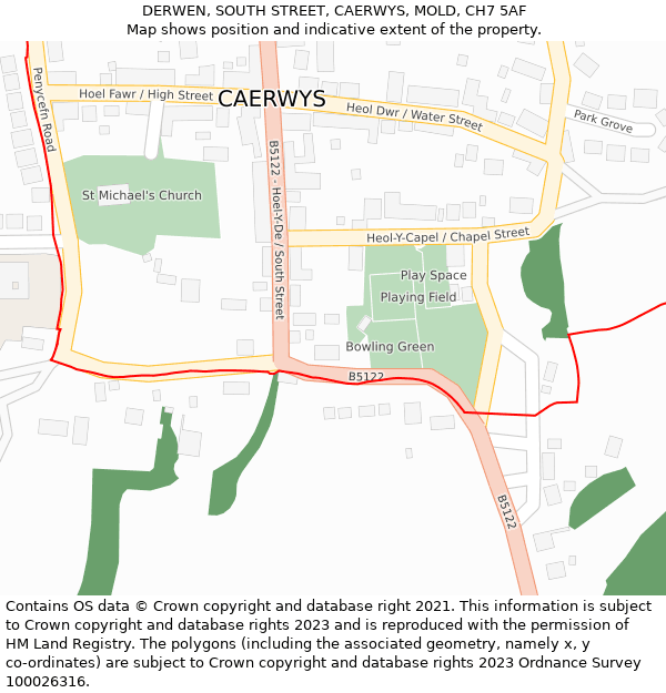 DERWEN, SOUTH STREET, CAERWYS, MOLD, CH7 5AF: Location map and indicative extent of plot