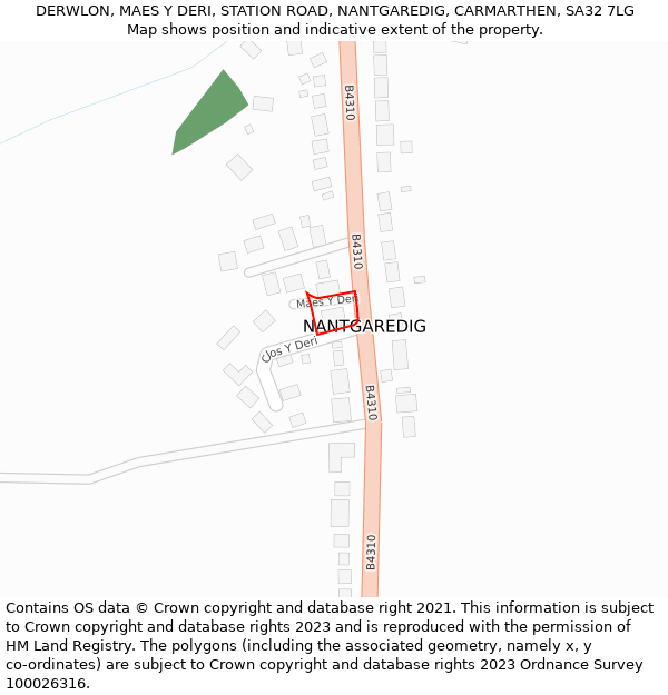 DERWLON, MAES Y DERI, STATION ROAD, NANTGAREDIG, CARMARTHEN, SA32 7LG: Location map and indicative extent of plot