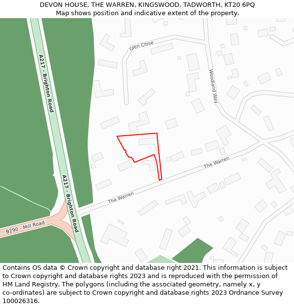 DEVON HOUSE, THE WARREN, KINGSWOOD, TADWORTH, KT20 6PQ: Location map and indicative extent of plot