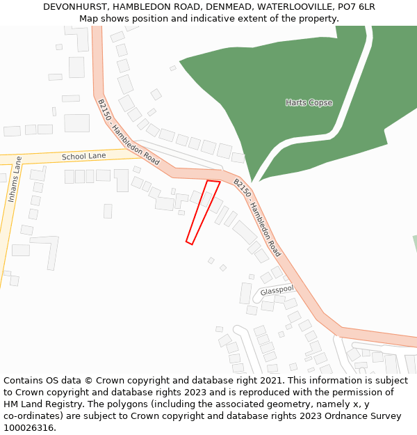 DEVONHURST, HAMBLEDON ROAD, DENMEAD, WATERLOOVILLE, PO7 6LR: Location map and indicative extent of plot