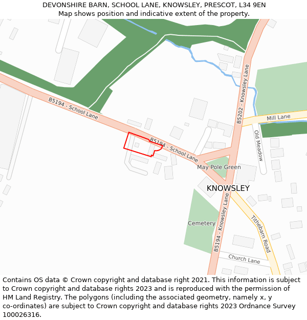 DEVONSHIRE BARN, SCHOOL LANE, KNOWSLEY, PRESCOT, L34 9EN: Location map and indicative extent of plot