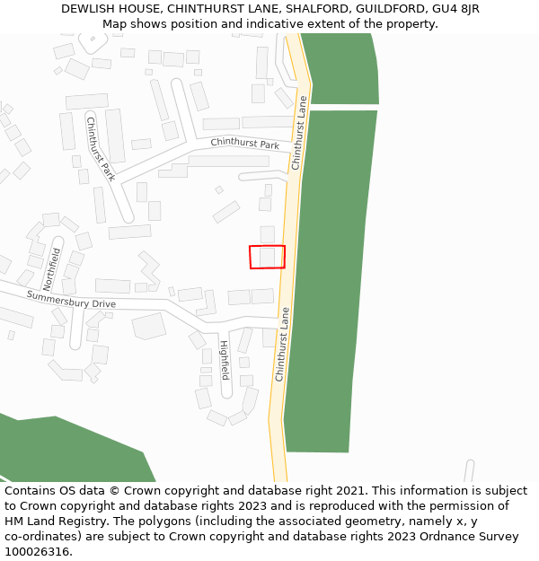 DEWLISH HOUSE, CHINTHURST LANE, SHALFORD, GUILDFORD, GU4 8JR: Location map and indicative extent of plot