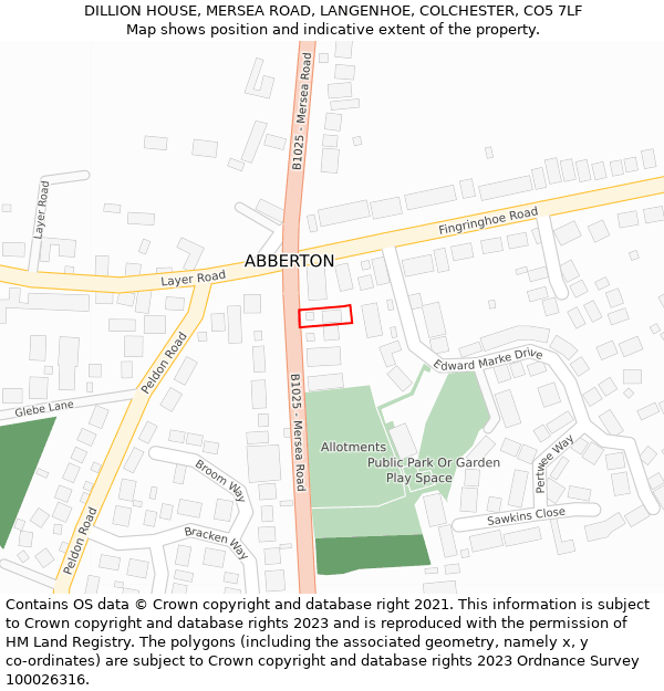 DILLION HOUSE, MERSEA ROAD, LANGENHOE, COLCHESTER, CO5 7LF: Location map and indicative extent of plot