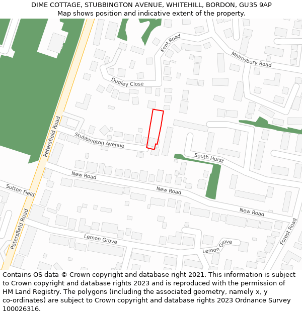 DIME COTTAGE, STUBBINGTON AVENUE, WHITEHILL, BORDON, GU35 9AP: Location map and indicative extent of plot