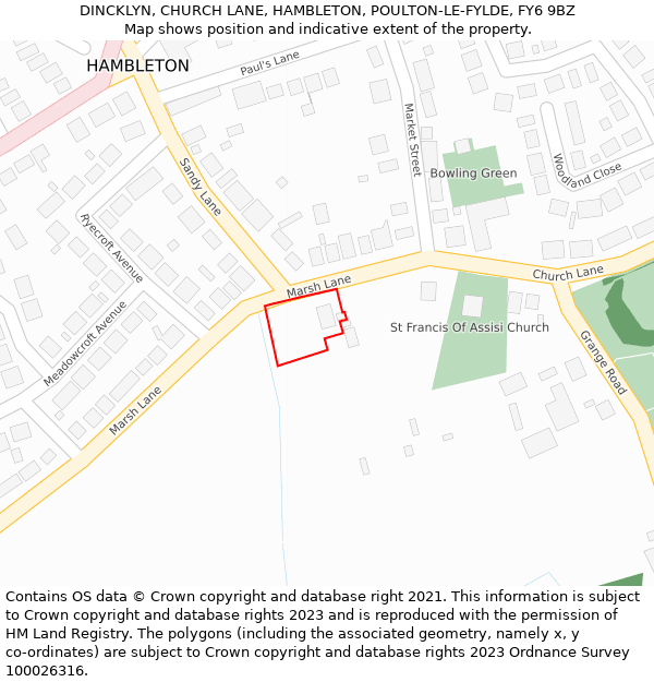 DINCKLYN, CHURCH LANE, HAMBLETON, POULTON-LE-FYLDE, FY6 9BZ: Location map and indicative extent of plot