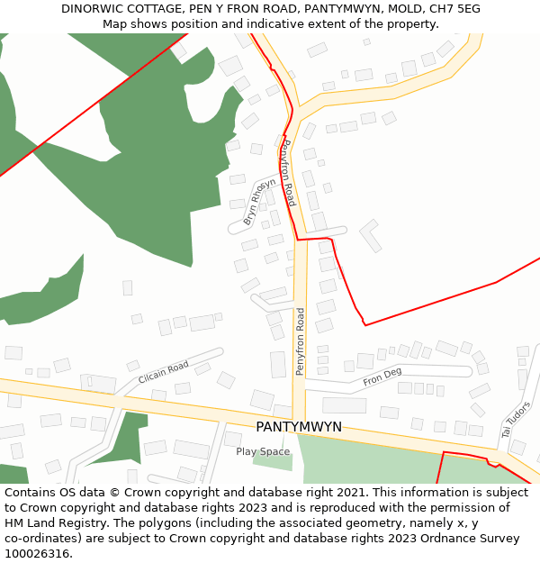 DINORWIC COTTAGE, PEN Y FRON ROAD, PANTYMWYN, MOLD, CH7 5EG: Location map and indicative extent of plot