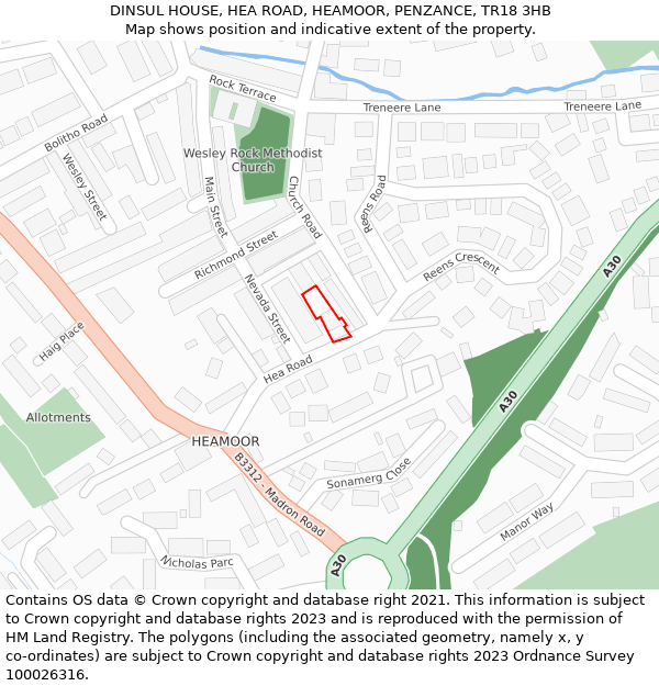 DINSUL HOUSE, HEA ROAD, HEAMOOR, PENZANCE, TR18 3HB: Location map and indicative extent of plot