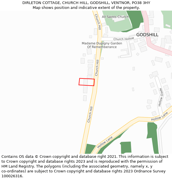 DIRLETON COTTAGE, CHURCH HILL, GODSHILL, VENTNOR, PO38 3HY: Location map and indicative extent of plot