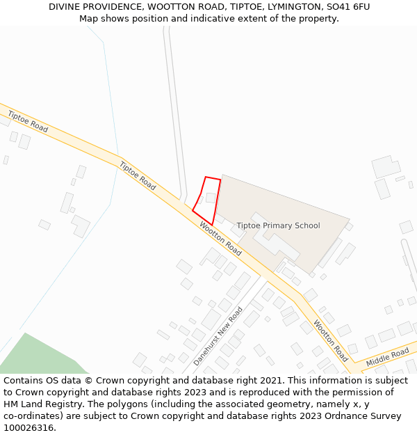DIVINE PROVIDENCE, WOOTTON ROAD, TIPTOE, LYMINGTON, SO41 6FU: Location map and indicative extent of plot