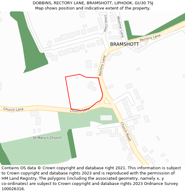 DOBBINS, RECTORY LANE, BRAMSHOTT, LIPHOOK, GU30 7SJ: Location map and indicative extent of plot