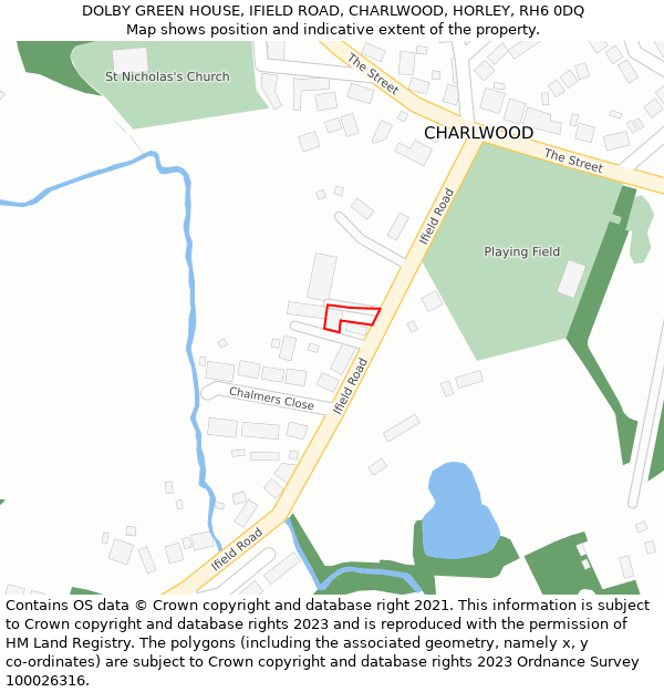 DOLBY GREEN HOUSE, IFIELD ROAD, CHARLWOOD, HORLEY, RH6 0DQ: Location map and indicative extent of plot