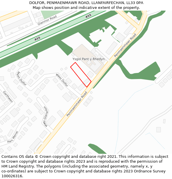 DOLFOR, PENMAENMAWR ROAD, LLANFAIRFECHAN, LL33 0PA: Location map and indicative extent of plot