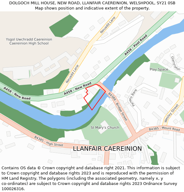 DOLGOCH MILL HOUSE, NEW ROAD, LLANFAIR CAEREINION, WELSHPOOL, SY21 0SB: Location map and indicative extent of plot