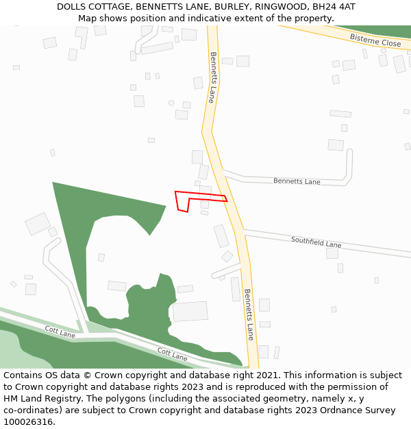 DOLLS COTTAGE, BENNETTS LANE, BURLEY, RINGWOOD, BH24 4AT: Location map and indicative extent of plot