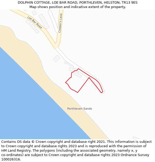 DOLPHIN COTTAGE, LOE BAR ROAD, PORTHLEVEN, HELSTON, TR13 9ES: Location map and indicative extent of plot