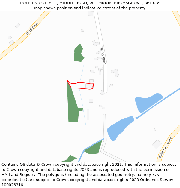 DOLPHIN COTTAGE, MIDDLE ROAD, WILDMOOR, BROMSGROVE, B61 0BS: Location map and indicative extent of plot
