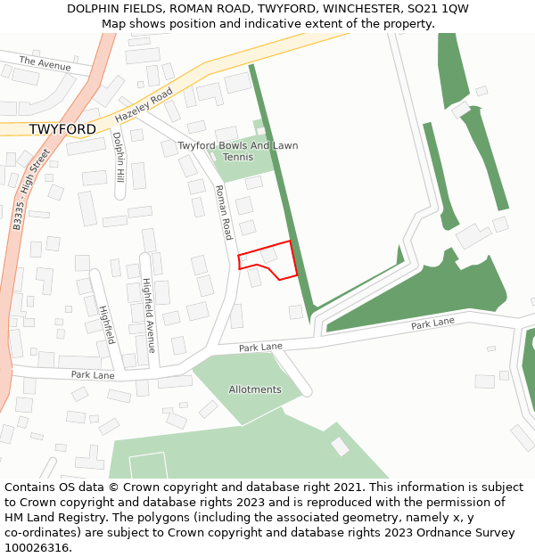 DOLPHIN FIELDS, ROMAN ROAD, TWYFORD, WINCHESTER, SO21 1QW: Location map and indicative extent of plot