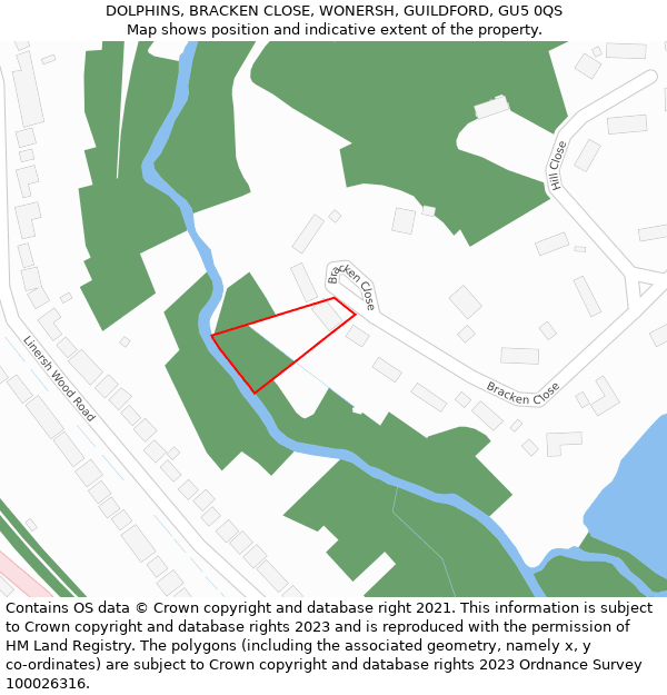 DOLPHINS, BRACKEN CLOSE, WONERSH, GUILDFORD, GU5 0QS: Location map and indicative extent of plot