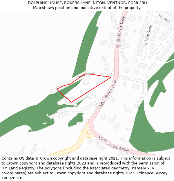 DOLPHINS HOUSE, BOXERS LANE, NITON, VENTNOR, PO38 2BH: Location map and indicative extent of plot