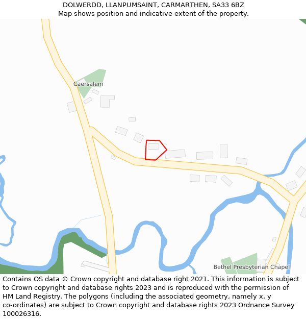 DOLWERDD, LLANPUMSAINT, CARMARTHEN, SA33 6BZ: Location map and indicative extent of plot