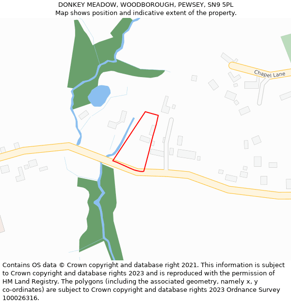 DONKEY MEADOW, WOODBOROUGH, PEWSEY, SN9 5PL: Location map and indicative extent of plot