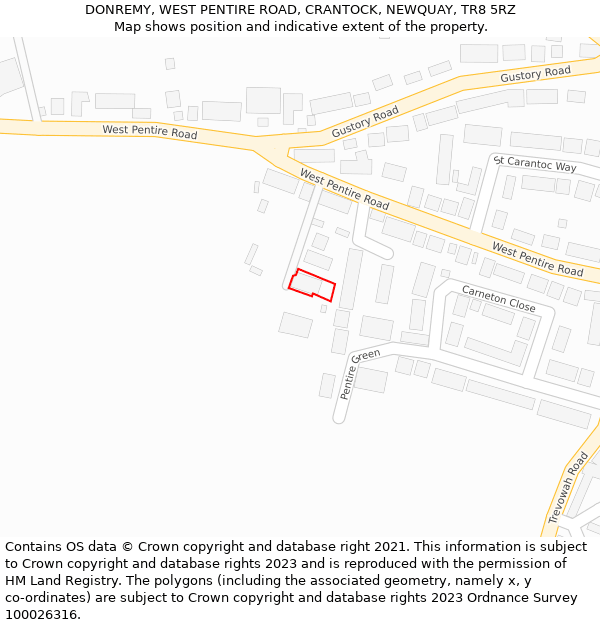 DONREMY, WEST PENTIRE ROAD, CRANTOCK, NEWQUAY, TR8 5RZ: Location map and indicative extent of plot