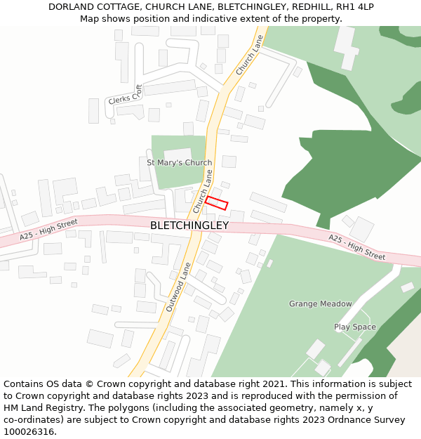 DORLAND COTTAGE, CHURCH LANE, BLETCHINGLEY, REDHILL, RH1 4LP: Location map and indicative extent of plot