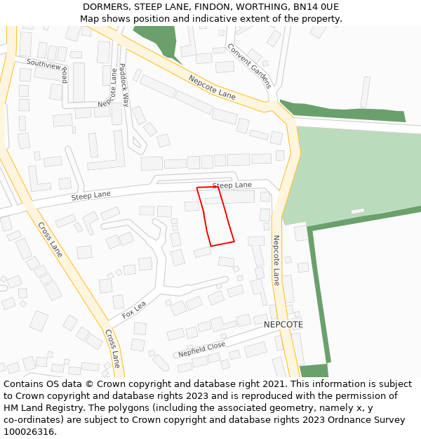 DORMERS, STEEP LANE, FINDON, WORTHING, BN14 0UE: Location map and indicative extent of plot