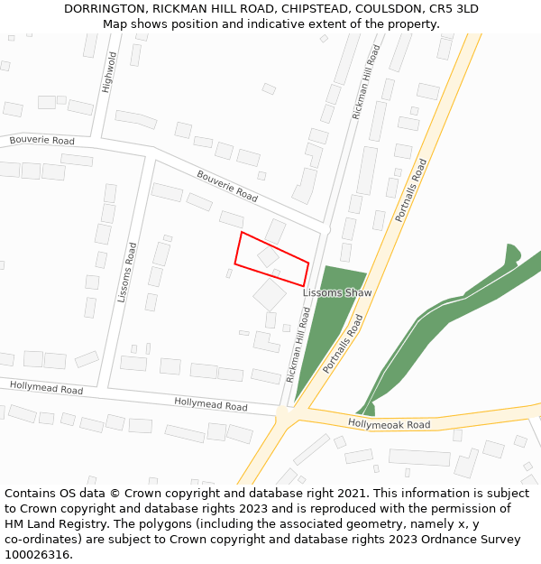 DORRINGTON, RICKMAN HILL ROAD, CHIPSTEAD, COULSDON, CR5 3LD: Location map and indicative extent of plot