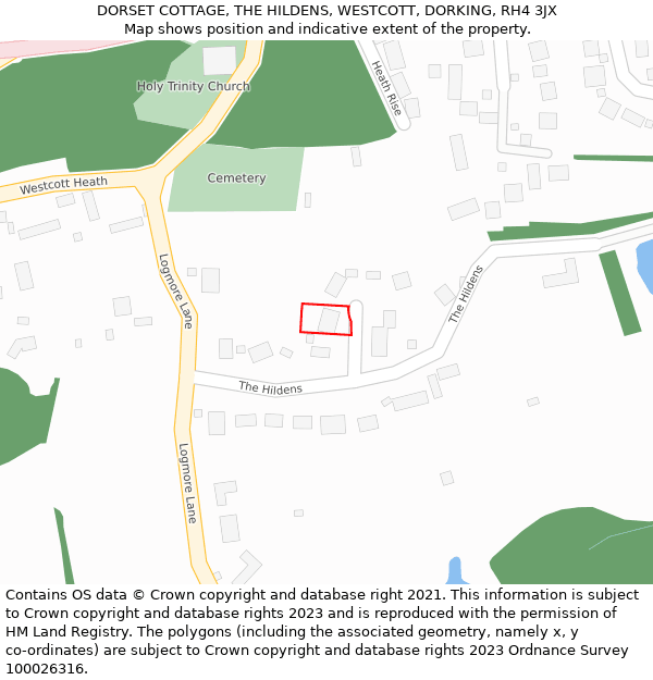 DORSET COTTAGE, THE HILDENS, WESTCOTT, DORKING, RH4 3JX: Location map and indicative extent of plot