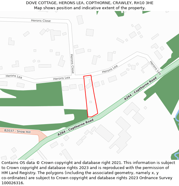 DOVE COTTAGE, HERONS LEA, COPTHORNE, CRAWLEY, RH10 3HE: Location map and indicative extent of plot