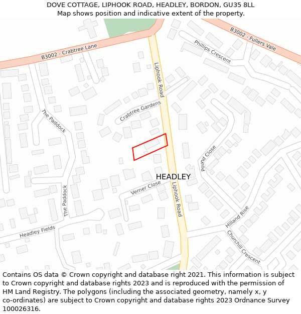 DOVE COTTAGE, LIPHOOK ROAD, HEADLEY, BORDON, GU35 8LL: Location map and indicative extent of plot