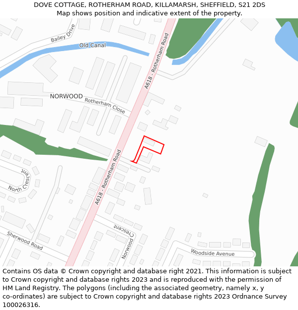 DOVE COTTAGE, ROTHERHAM ROAD, KILLAMARSH, SHEFFIELD, S21 2DS: Location map and indicative extent of plot