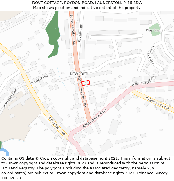 DOVE COTTAGE, ROYDON ROAD, LAUNCESTON, PL15 8DW: Location map and indicative extent of plot