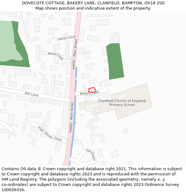 DOVECOTE COTTAGE, BAKERY LANE, CLANFIELD, BAMPTON, OX18 2SD: Location map and indicative extent of plot