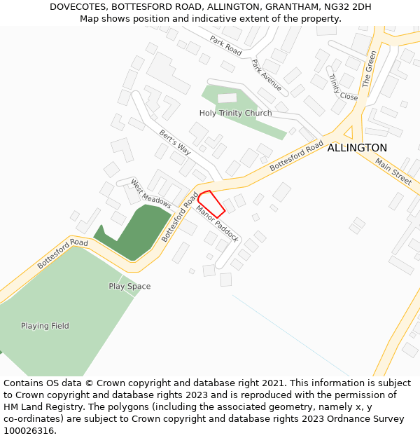 DOVECOTES, BOTTESFORD ROAD, ALLINGTON, GRANTHAM, NG32 2DH: Location map and indicative extent of plot
