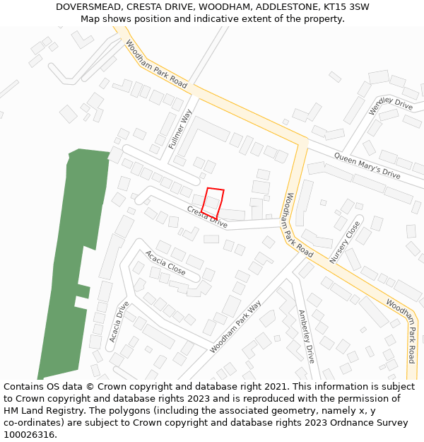 DOVERSMEAD, CRESTA DRIVE, WOODHAM, ADDLESTONE, KT15 3SW: Location map and indicative extent of plot