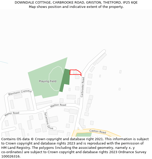 DOWNDALE COTTAGE, CARBROOKE ROAD, GRISTON, THETFORD, IP25 6QE: Location map and indicative extent of plot