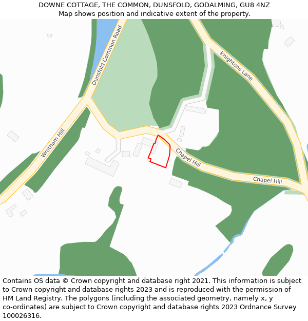 DOWNE COTTAGE, THE COMMON, DUNSFOLD, GODALMING, GU8 4NZ: Location map and indicative extent of plot