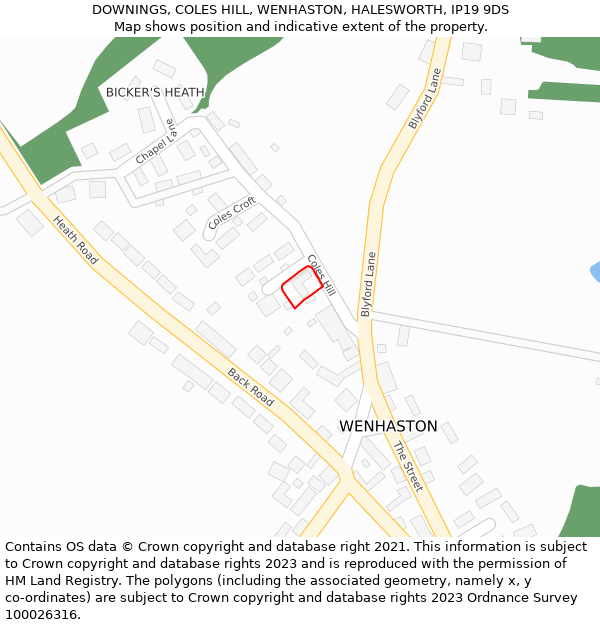 DOWNINGS, COLES HILL, WENHASTON, HALESWORTH, IP19 9DS: Location map and indicative extent of plot