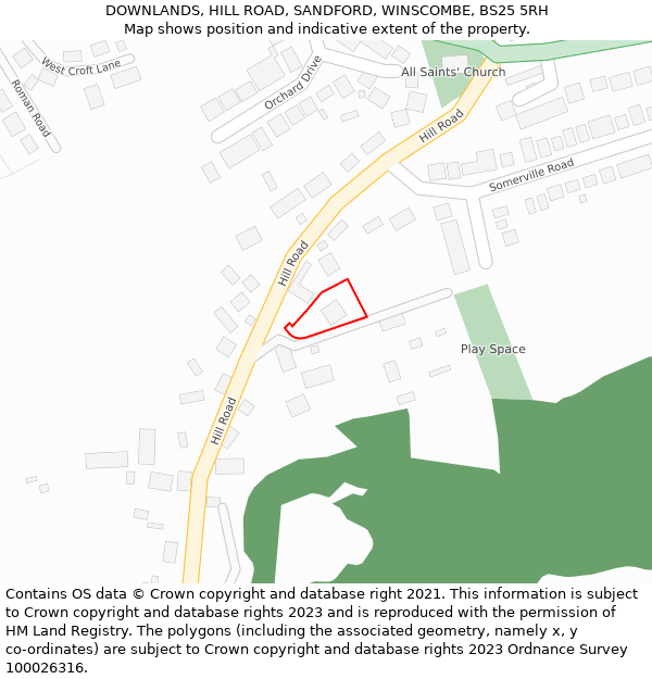 DOWNLANDS, HILL ROAD, SANDFORD, WINSCOMBE, BS25 5RH: Location map and indicative extent of plot