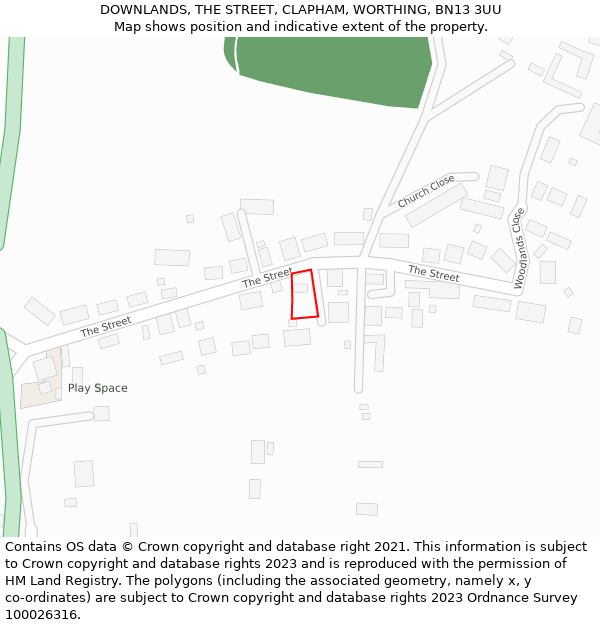 DOWNLANDS, THE STREET, CLAPHAM, WORTHING, BN13 3UU: Location map and indicative extent of plot